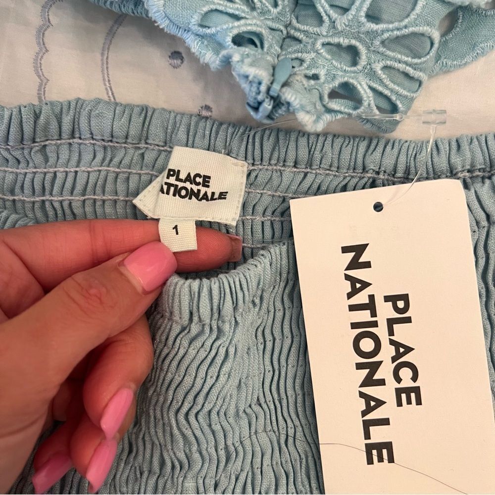 PLACE NATIONALE Top & Smocked Mini Skirt Two Piece Set Baby Blue - Picture 5 of 7